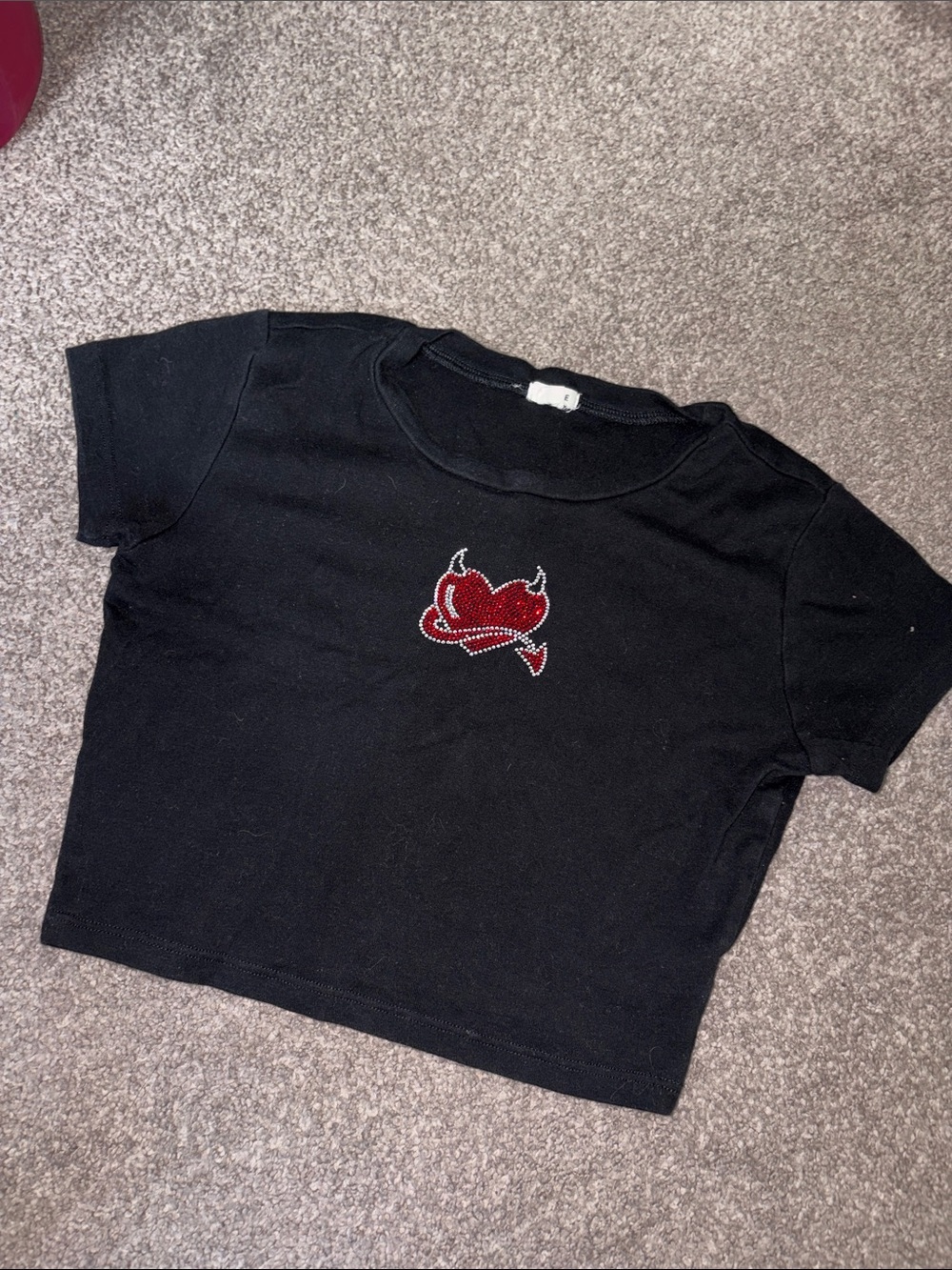 Garage Black Short Sleeve women’s crop top with Red Devil Heart Embellishment